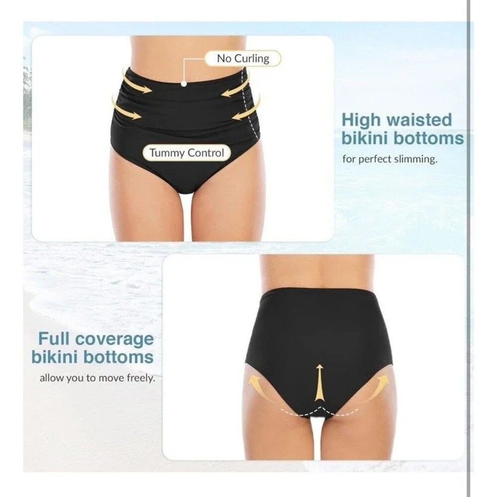 Womens High Waisted Bikini Bottoms Tummy Control Swim Bottom Ruched Full Cove...